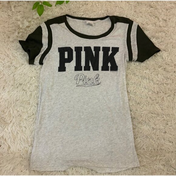 Victorias Secret PINK Graphic T-Shirt L Gray & Black Short Sleeve Cotton Blend - Picture 1 of 10